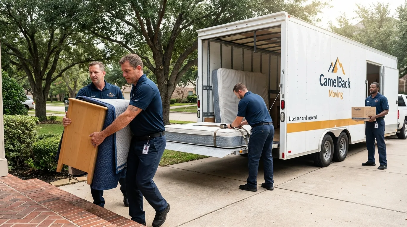 Crew loading residential truck for cross-state move from Rosenberg, TX