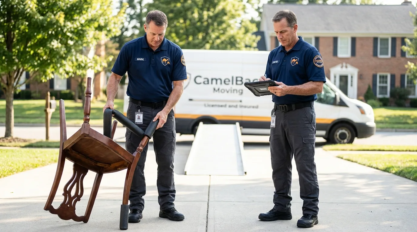 Movers inspecting furniture for damage prevention before loading in Rosenberg, TX