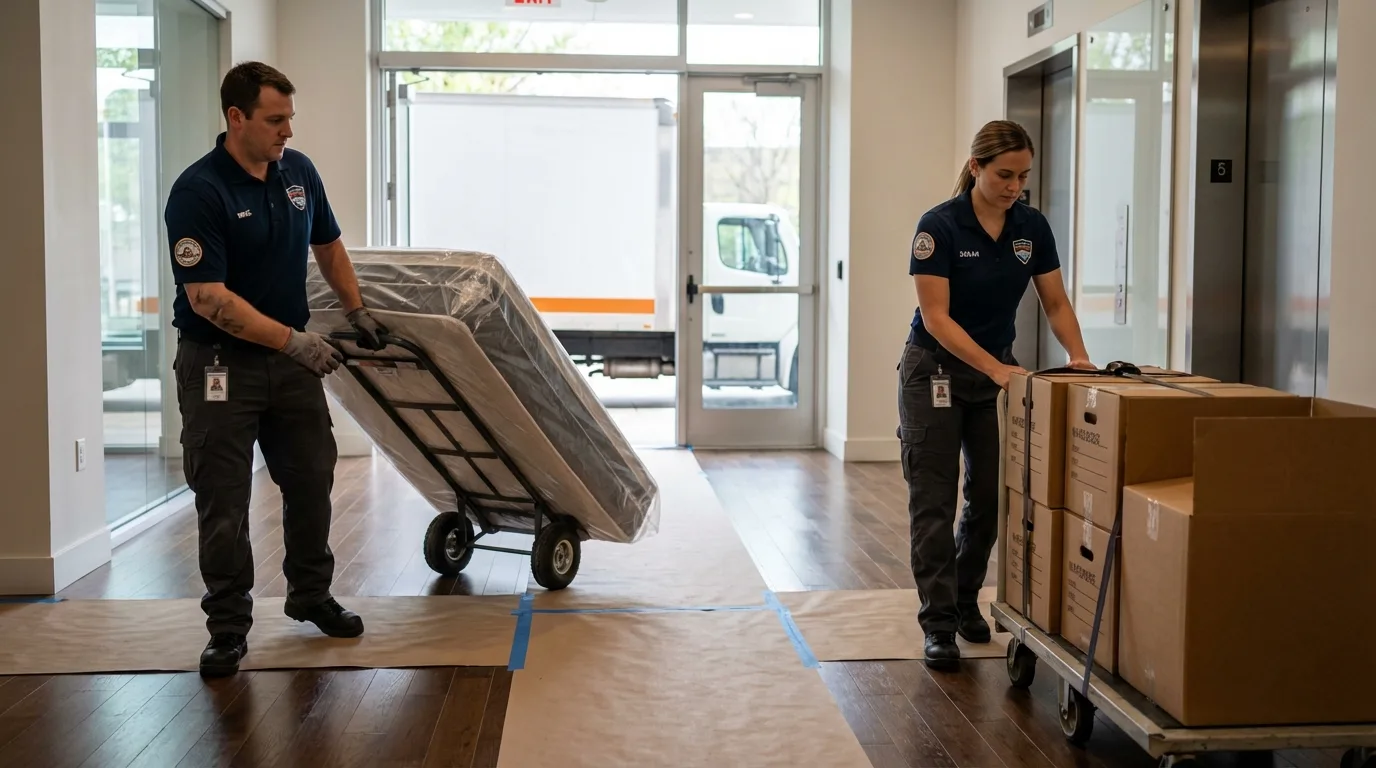 Professional apartment movers loading elevator in Rosenberg, TX